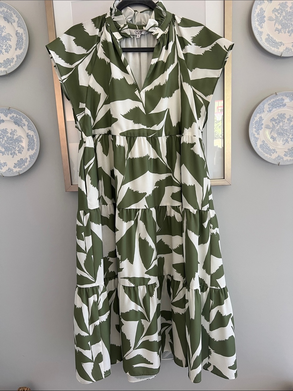 CROSBY by Mollie Burch Olive and White Leaf-Print Tiered Midi Dress